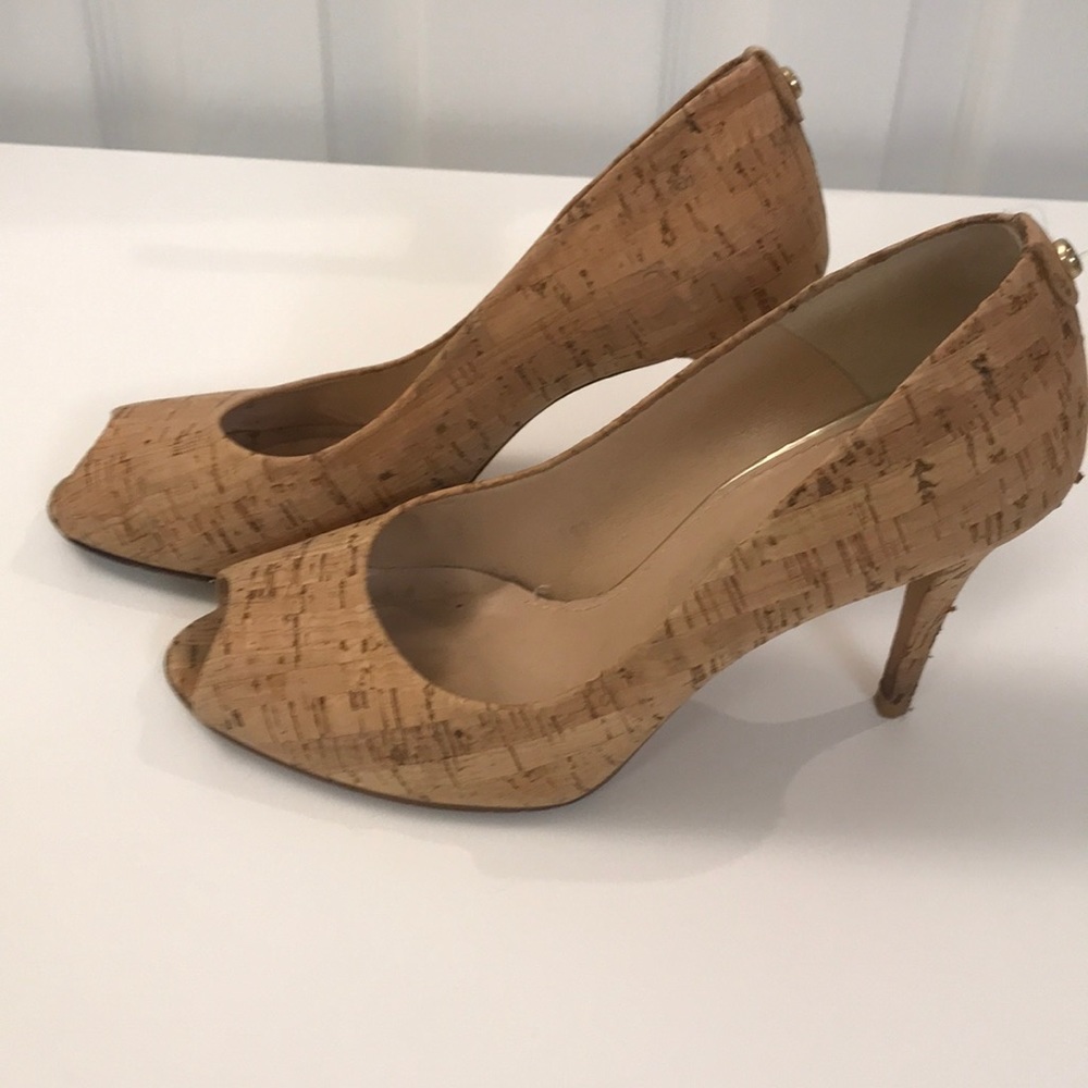 Stuart Weitzman cork, peep toe heels - Picture 2 of 6